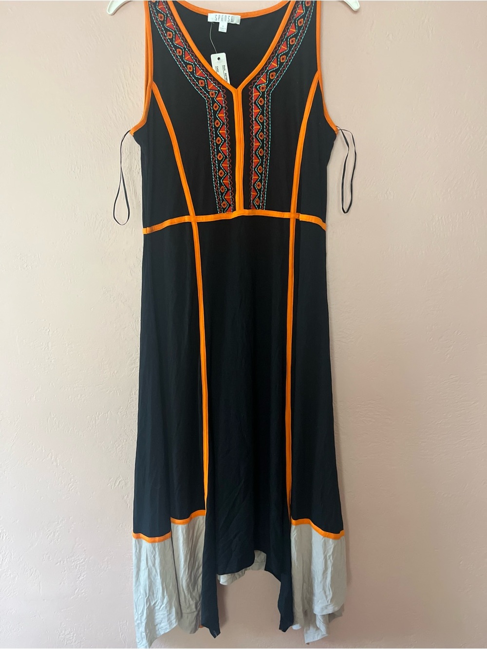SPENSE Black Maxi Dress with Orange Trim and Embroidered Detail